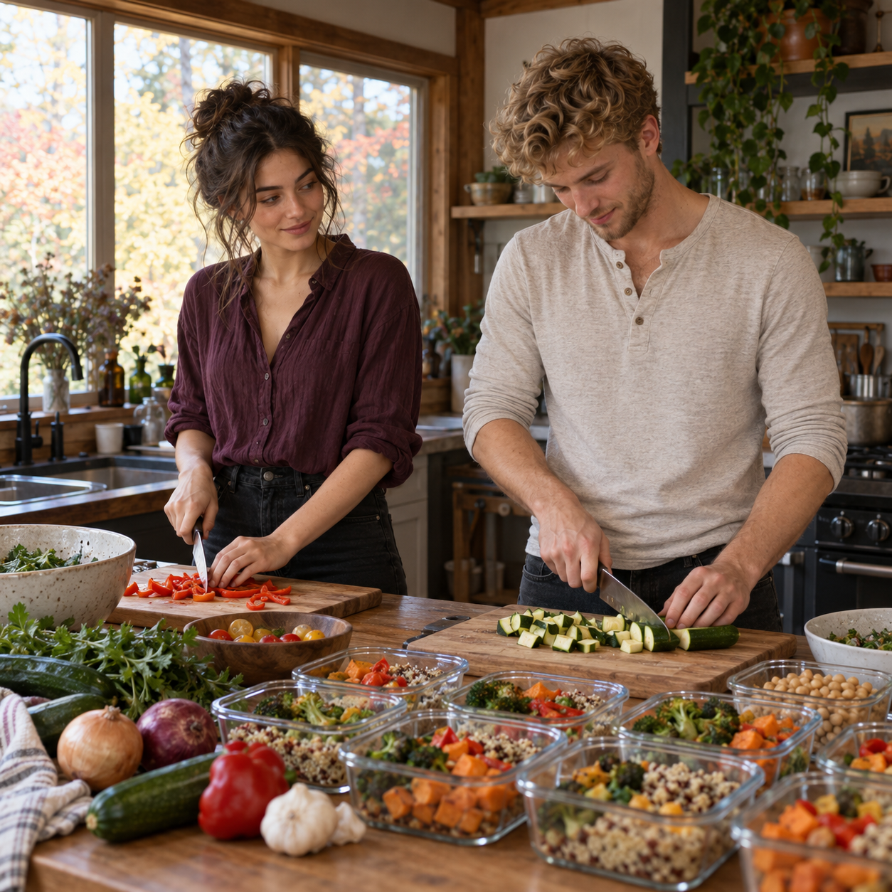 Eva watches Wes chop vegetables as they make lunch together.