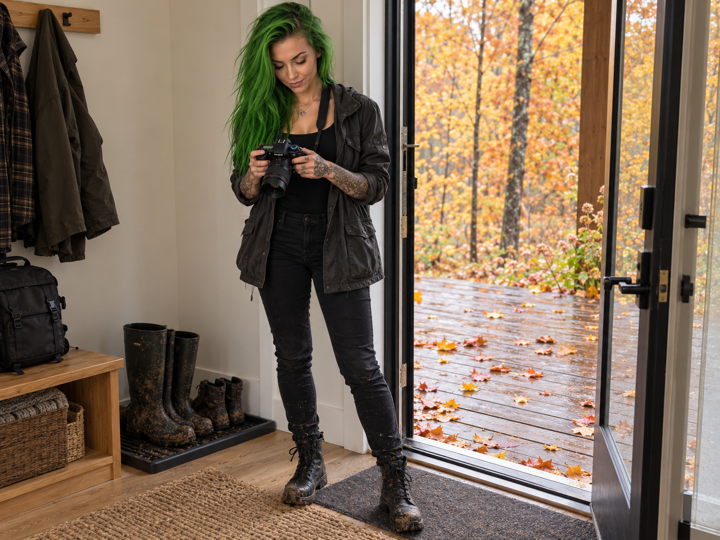 Randi reviews her camera after returning from an autumn walk with muddy boots.