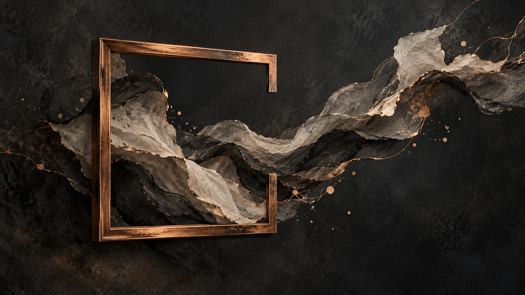An open copper frame with flowing charcoal and warm paper layers.