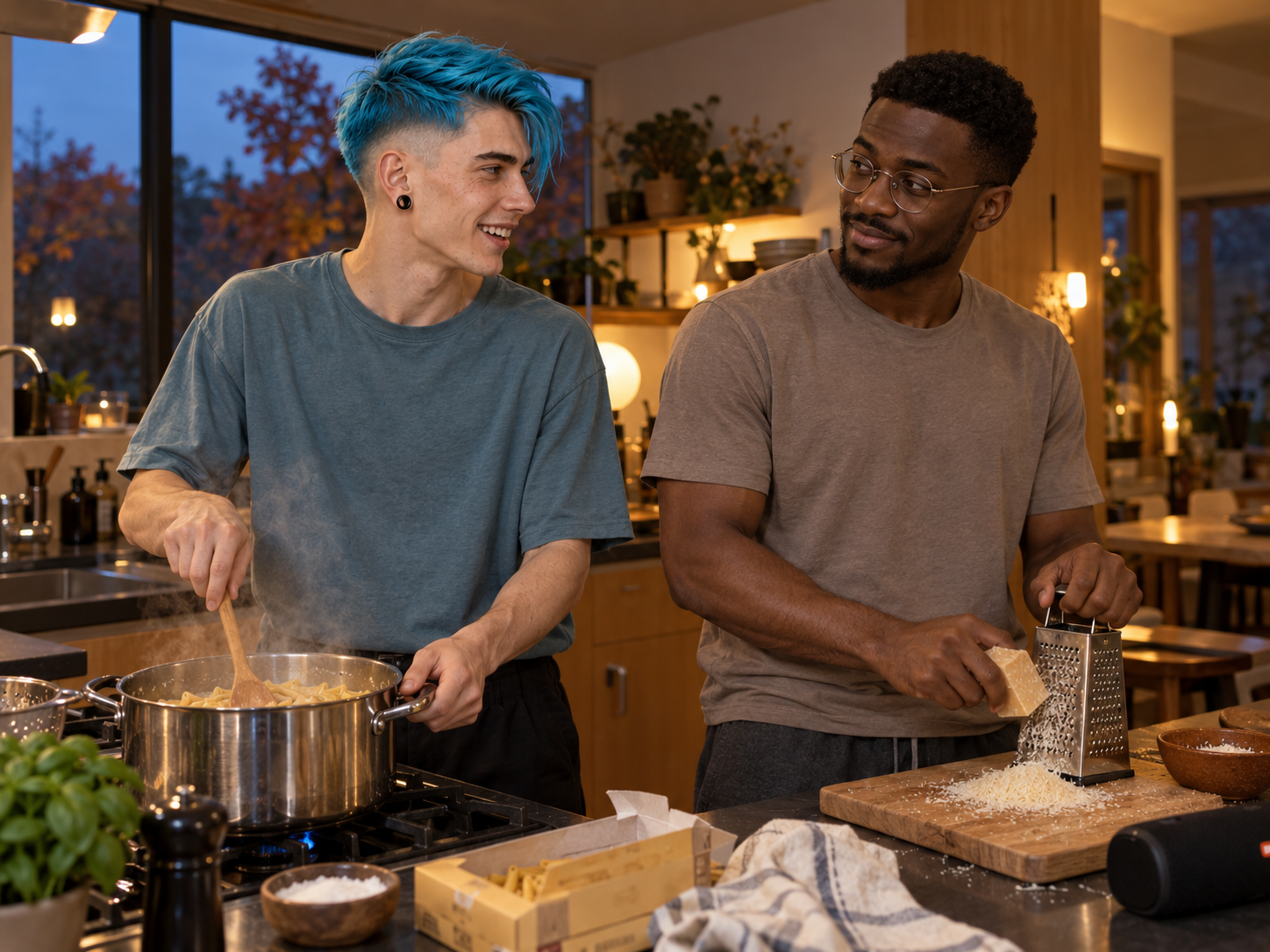 N30N stirs pasta as Carlos grates cheese beside him in the kitchen.