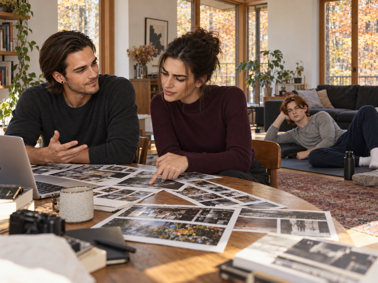 Julian and Eva debate contact sheets at the dining table while Finn rests nearby.