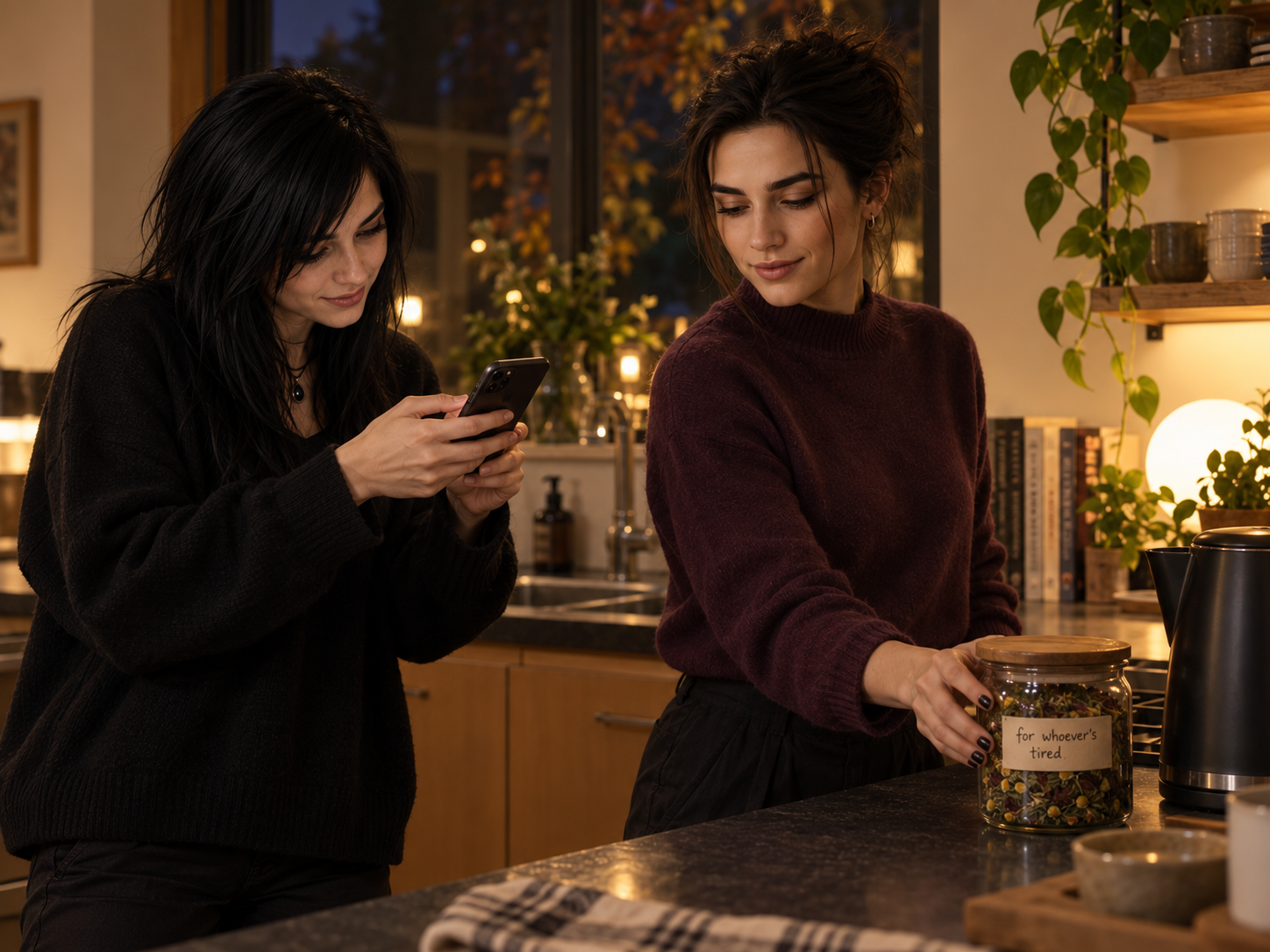Eva leaves a tea jar by the kettle while Ash photographs it.