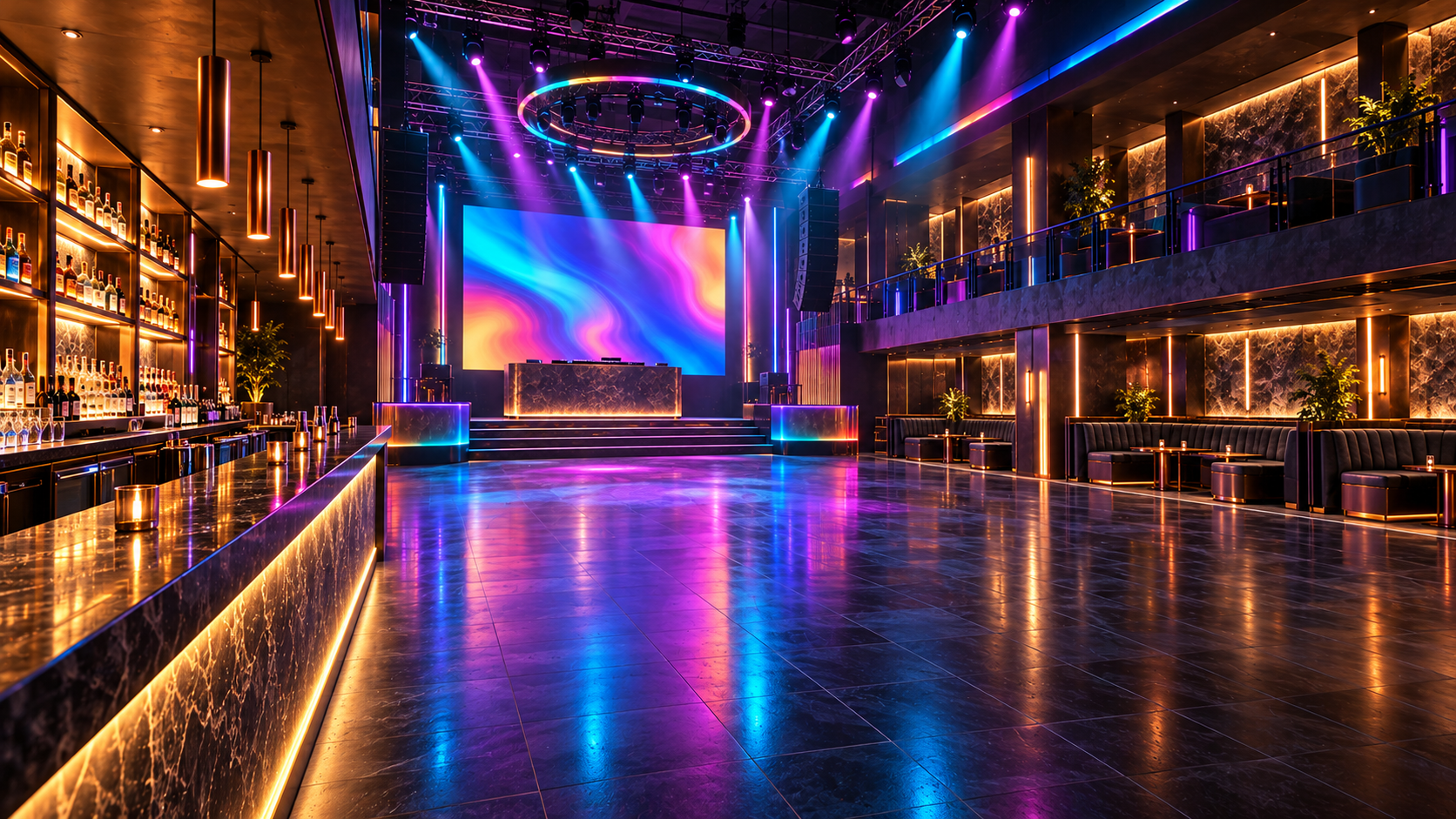 Technocolor’s copper-lit bar and lounge overlooking the main dance floor.