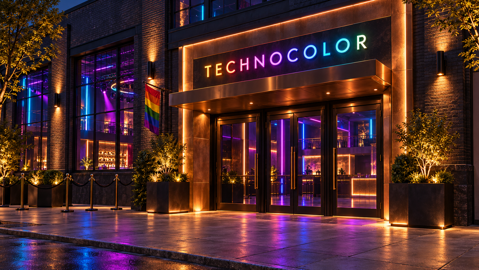 Technocolor’s copper-framed entrance, rainbow sign, and Pride flag at night.
