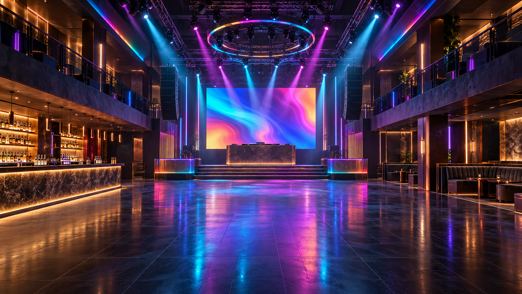 Technocolor’s empty main dance floor, performance stage, and mezzanine under colorful EDM lighting.